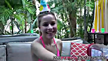 Teen blonde Lilly gets fucked outdoors on older man's birthday