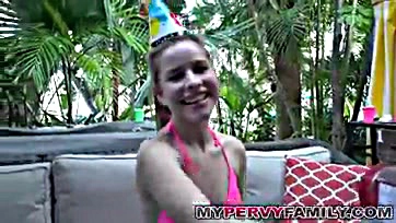 Teen blonde Lilly gets fucked outdoors on older man's birthday