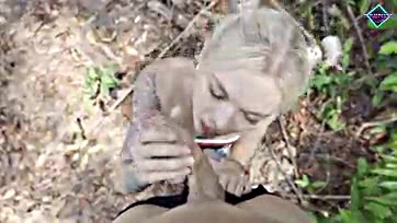 Blonde gives intense oral sex and facial in woods