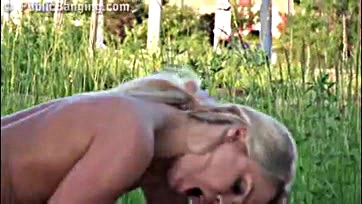 Blondie gets brutally banged by two dudes in public