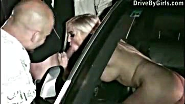 Blonde woman publicly sucks cocks through car window