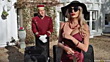 Sexy blonde Amber Jayne bangs bellhop's cock hard