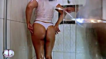 Wife's shower dance gets husband's huge cock ready for anal