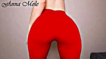 Woman in red leggings has explicit solo sex