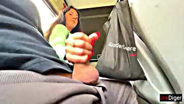 Girl masturbates and gives oral sex on bus