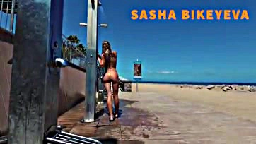 Sasha gets naked at public beach shower in Spain