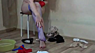 Sexy girl flaunts hairy pussy, nylon feet, and heels