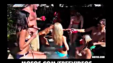 Sexy Latina sparks wild orgiastic poolside sex fest