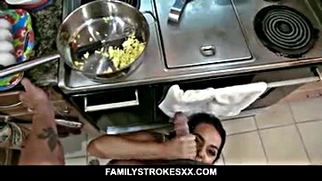 Teen gives stepdad oral sex in kitchen