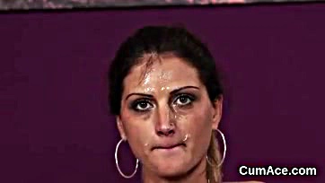 Dirty girl gets cum on face, sucks juices