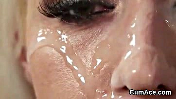 Woman swallows massive cum load on her face