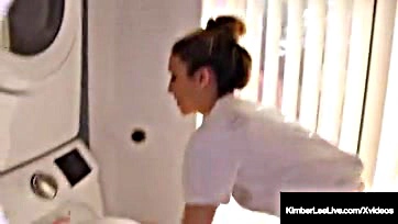 Kimber Lee gives guy handjob in laundry room