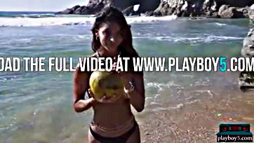 Teen Latina flaunts bare tits and ass on beach