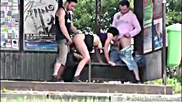 Sexy brunette gets threesome in public, no shame