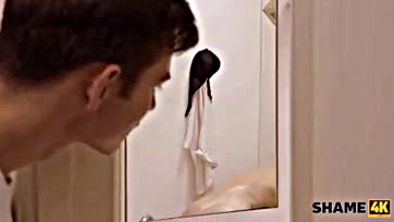 Woman blows dude's dick in bathroom before banging