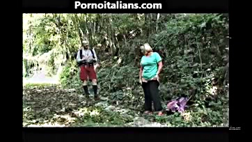 Old woman blows guy in woods, gets nasty