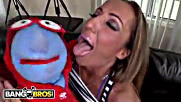 Rough sex between puppet and pornstar's massive breasts