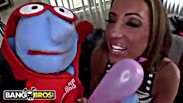 Rough sex between puppet and pornstar's massive breasts