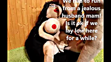 Two male dolls fuck curvy sex doll