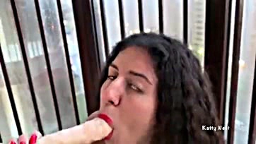 Girl gets naughty, jumps on massive phallus on balcony