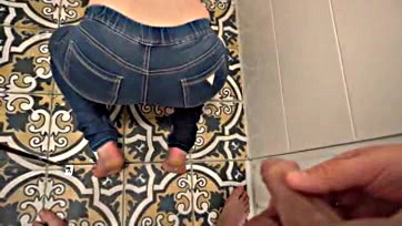 Dude's desperate pee stains his jeans and ass