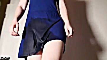 Urgent pee need on wet, sexy, and blue dress