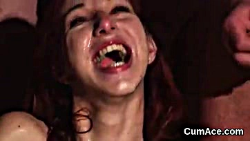 Girl gets cum facial while blowing a big load