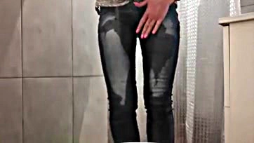 Girl's wet pants and heels, messy and explicit