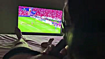 Newlywed wife sucks husband's cock during football match