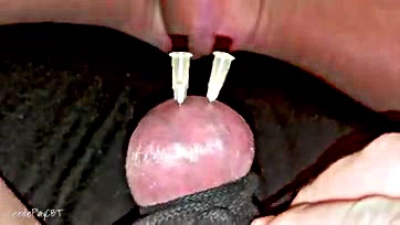 Man gets extreme cock teasing and testicle skewering solo