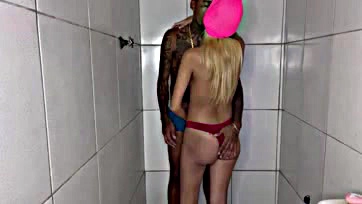 Dude got blown by newbie in bathroom, balls soaked