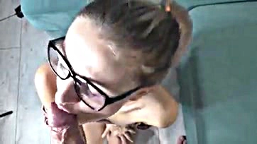 Teacher sucks student's dick, licks cum off glasses