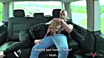 Blondie gets a hard-on and cums in the car