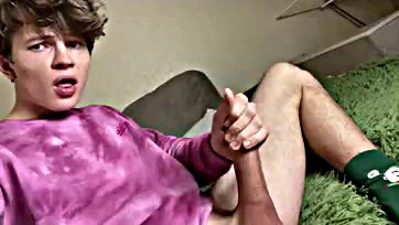 Teen's massive uncut dick gets super hard and cum